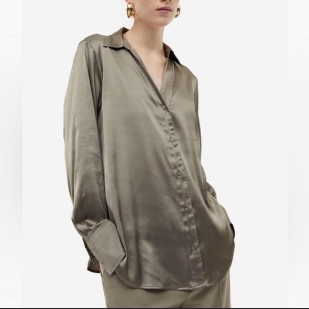 H&M Olive Green Satin Flowy Button Down Blouse